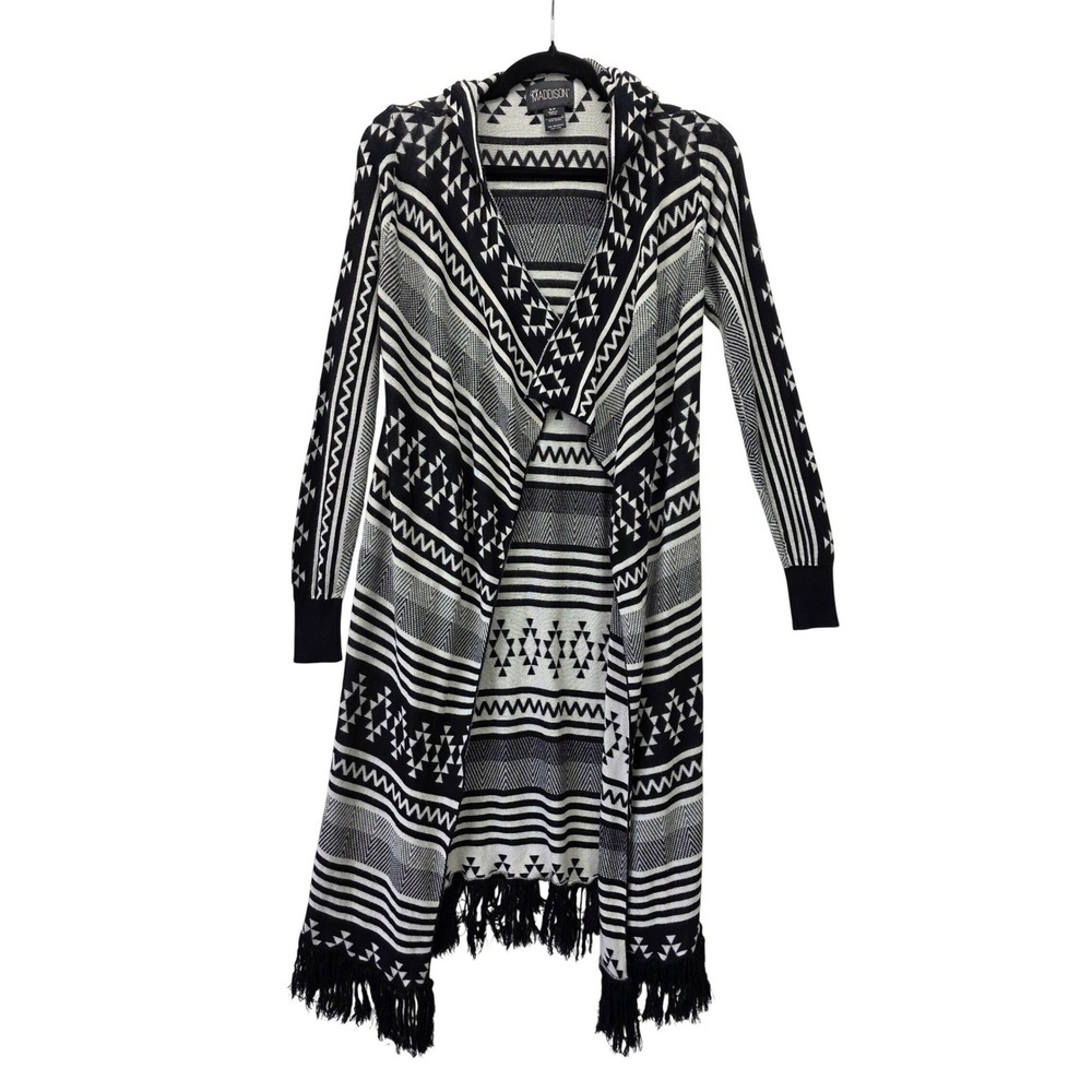 Mia Maddison Hooded Duster Cardigan‎ Black White Tribal Geometric Fringe S
